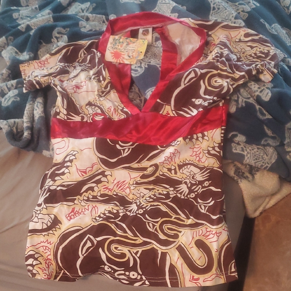 Ed Hardy Red and Brown Graphic Blouse Vintage
